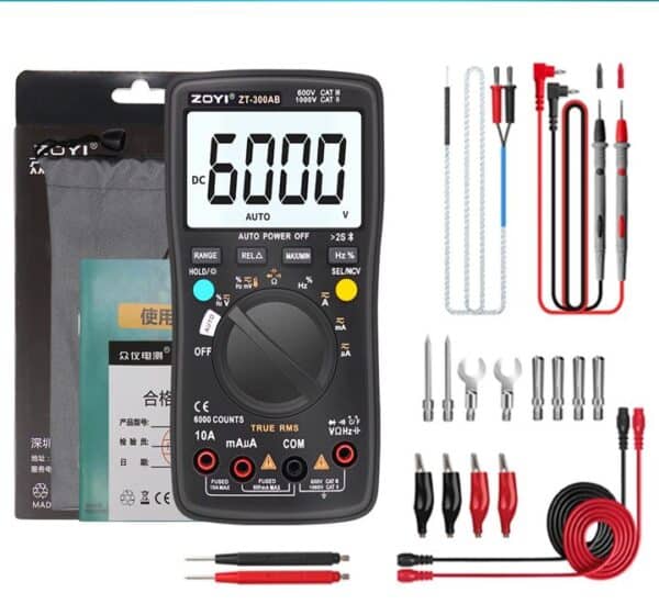 Bluetooth-enabled multimeter with accessories and box