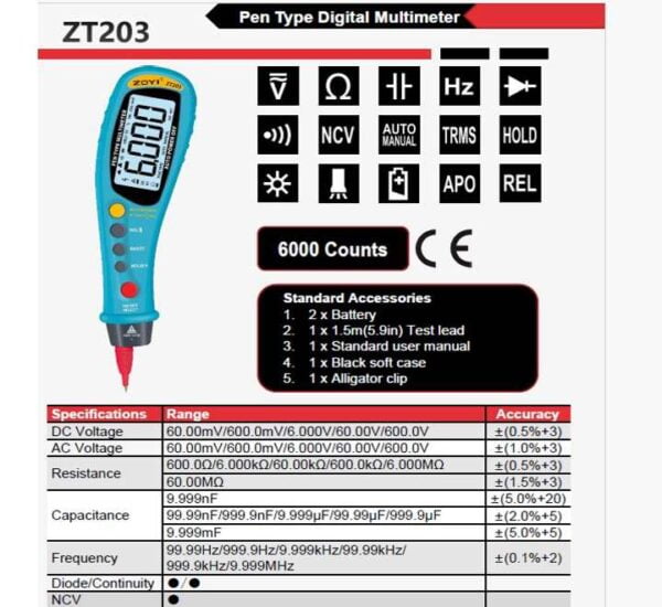 Digital Multimeter ZOYI ZT-203 Pen Type for Car Maintenance.